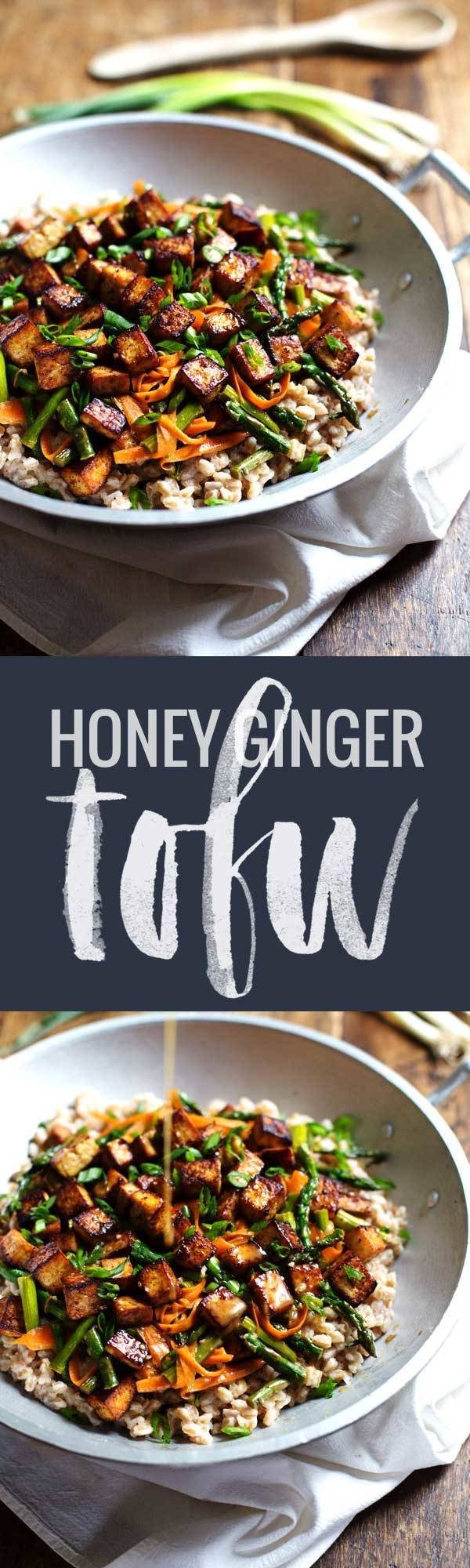 Honey Ginger Tofu and Veggie Stir Fry - crunchy colorful veggies, golden brown tofu, homemade stir fry sauce. So good! 400 calories. | pinchofyum.com