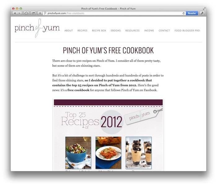 Pinch of Yum's Free Cookbook Landing Page.