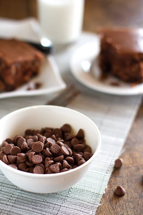Chocolate chips in a white bowl.