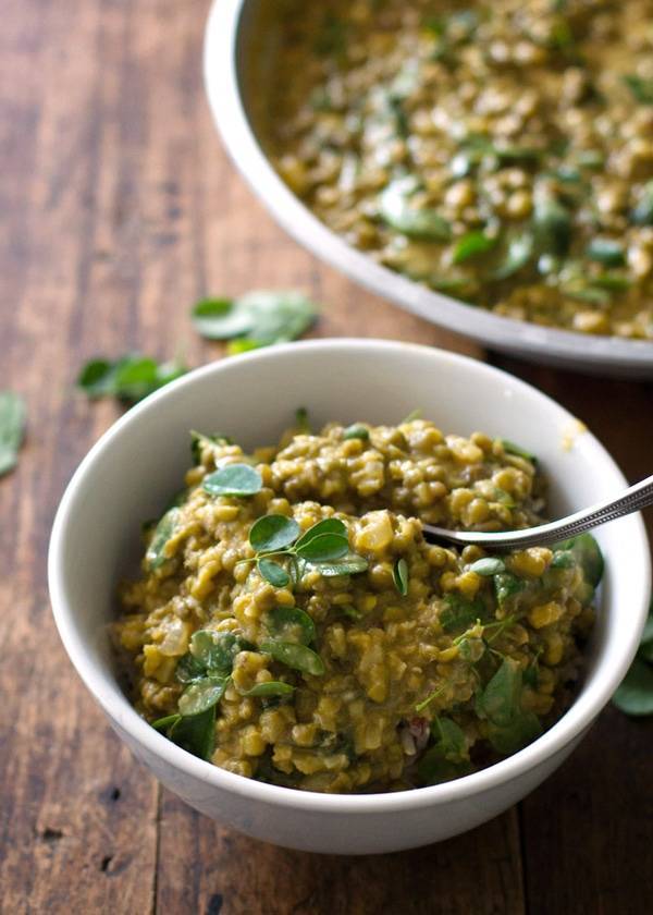 Monggo beans in a white bowl.