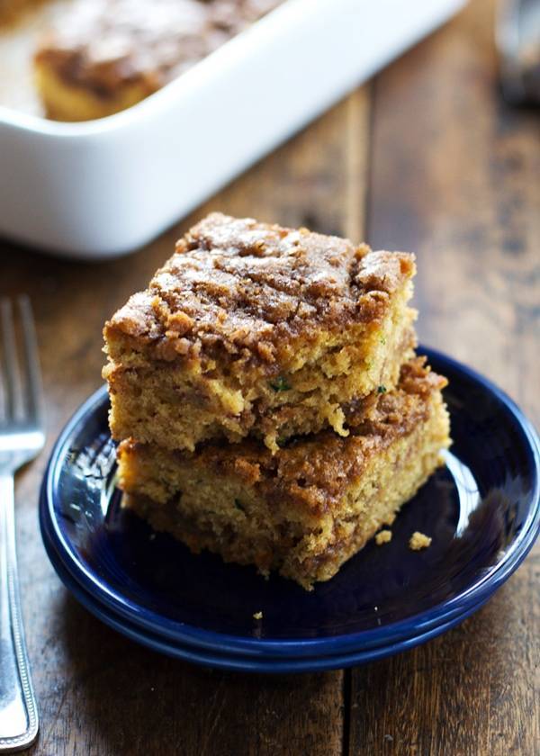 Cinnamon Sugar Zucchini Coffee Cake on a blue plate.