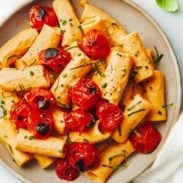 A picture of Creamy Vegan Red Pepper Pasta with Blistered Tomatoes