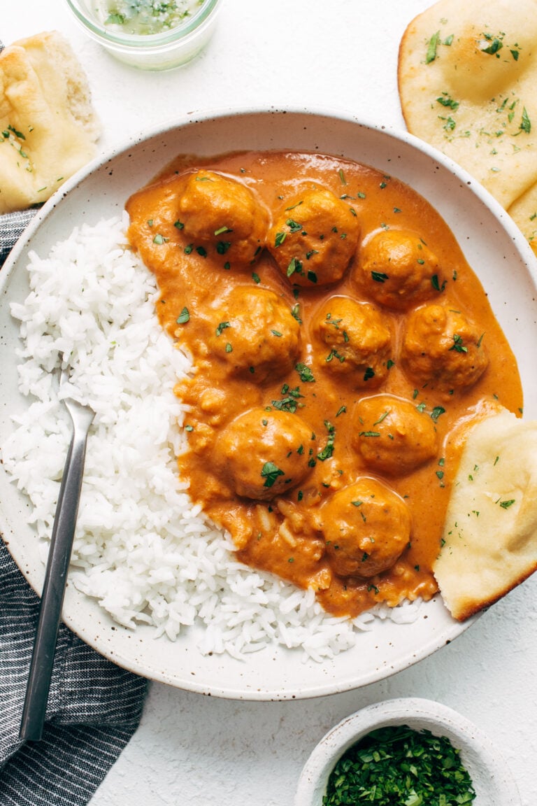 Butter chicken meatballs with rice.