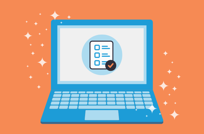 a computer on an orange background with a checklist on screen